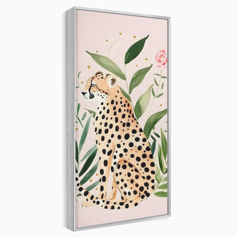 Tablou canvas cu tablou canvas cu leopard si frunze tropicale, in rama de aluminiu argintiu
